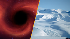 Split image of a supermassive black hole and Antarctica.