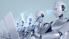 AI customer service concept image showing robot workers using laptop computers with holographic digital interfaces.