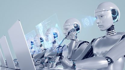 AI customer service concept image showing robot workers using laptop computers with holographic digital interfaces.