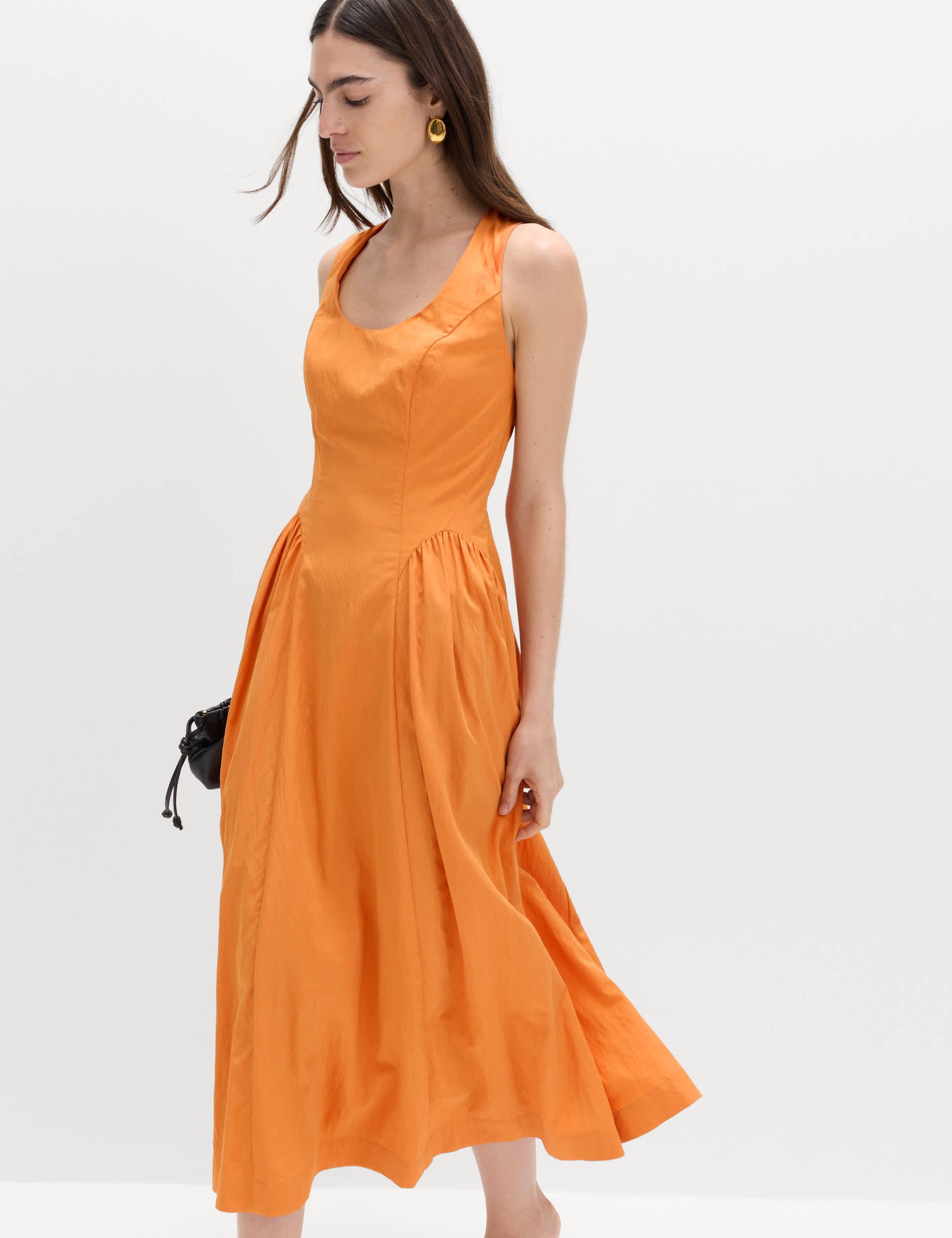 Scoop Neck Pleated Midi Drop Waist Dress