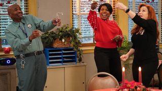 Lisa Ann Walter as Melissa Schemmenti, Sheryl Lee Ralph as Barbara Howard, and William Stanford Davis as Mr. Johnson during Abbot Elementary's Christmas episode "Holiday Hookah".