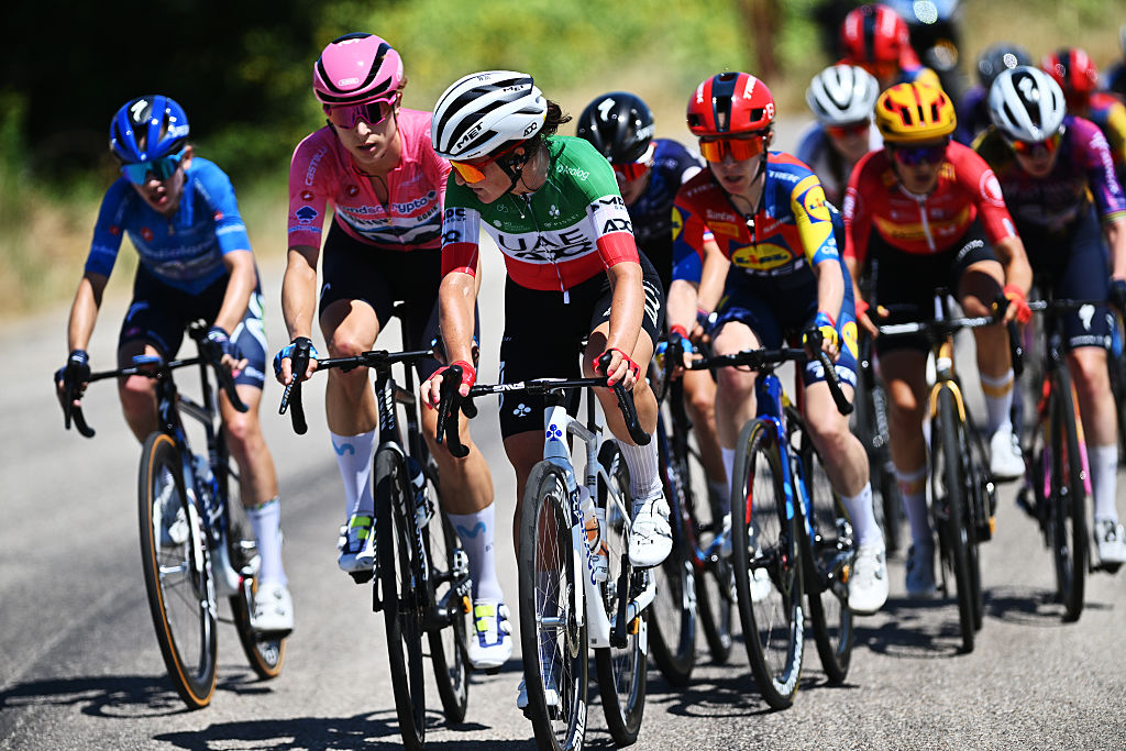 TERRE ROVERESCHE, ITALY - JULY 11: Elisa Longo Borghini of Italy and UAE Team ADQ competes during the 36th Giro d'Italia Women 2025, Stage 6 a 145km stage from Bellaria-Igea Marina to Terre Roveresche (Orciano di Pesaro) / #UCIWWT / on July 11, 2025 in Terre Roveresche, Italy. (Photo by Luc Claessen/Getty Images)