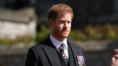 Prince Harry arrives for the funeral of Prince Philip, Duke of Edinburgh at St George's Chapel at Windsor Castle on April 17, 2021 in Windsor, England