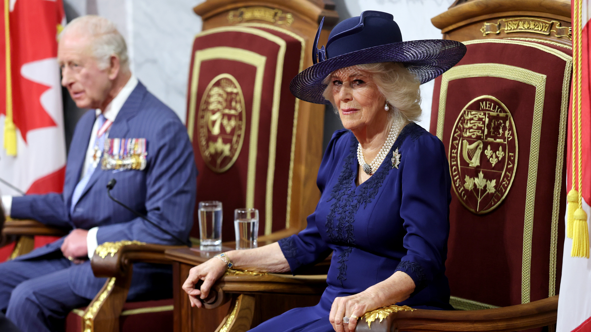 King Charles and Queen Camilla sitting on thrones wearing a blue dress and suit