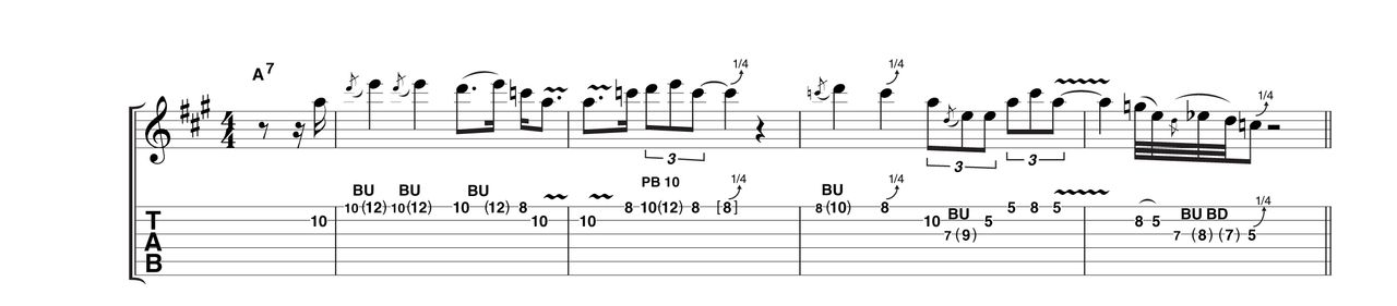 Contrast is the name of the game here. Like Buddy's distinctive singing style, phrases swoop and then stutter, taking unexpected turns like the flurry at the end of this example. Like all the other phrases, this is taken from the A blues scale, but not consciously. Buddy plays by ear only!