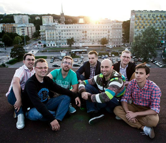 UXPin founding team circa 2012. Active cofounders Marcin Kowalski (second from left), (Marcin Treder (third from left), Kamil Zieba (far right). The full US & Polish team has since grown to 40+ as of August 2015 with plans to double into 2016