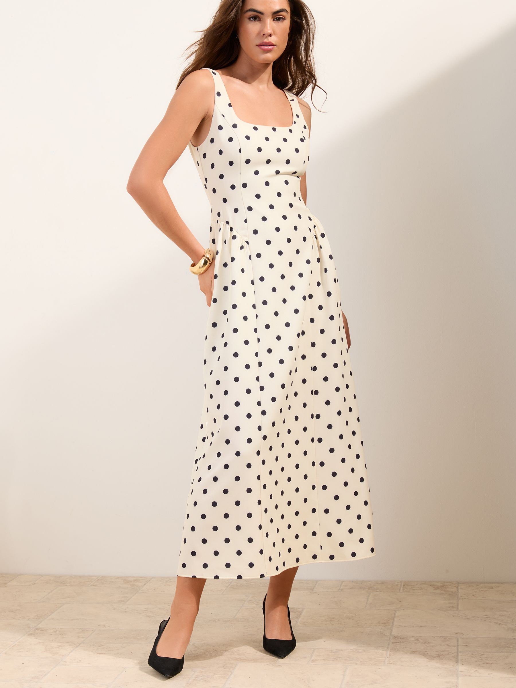 Friends Like These White &amp;amp; Black Polka Dot Full Prom Skirt Midi Dress