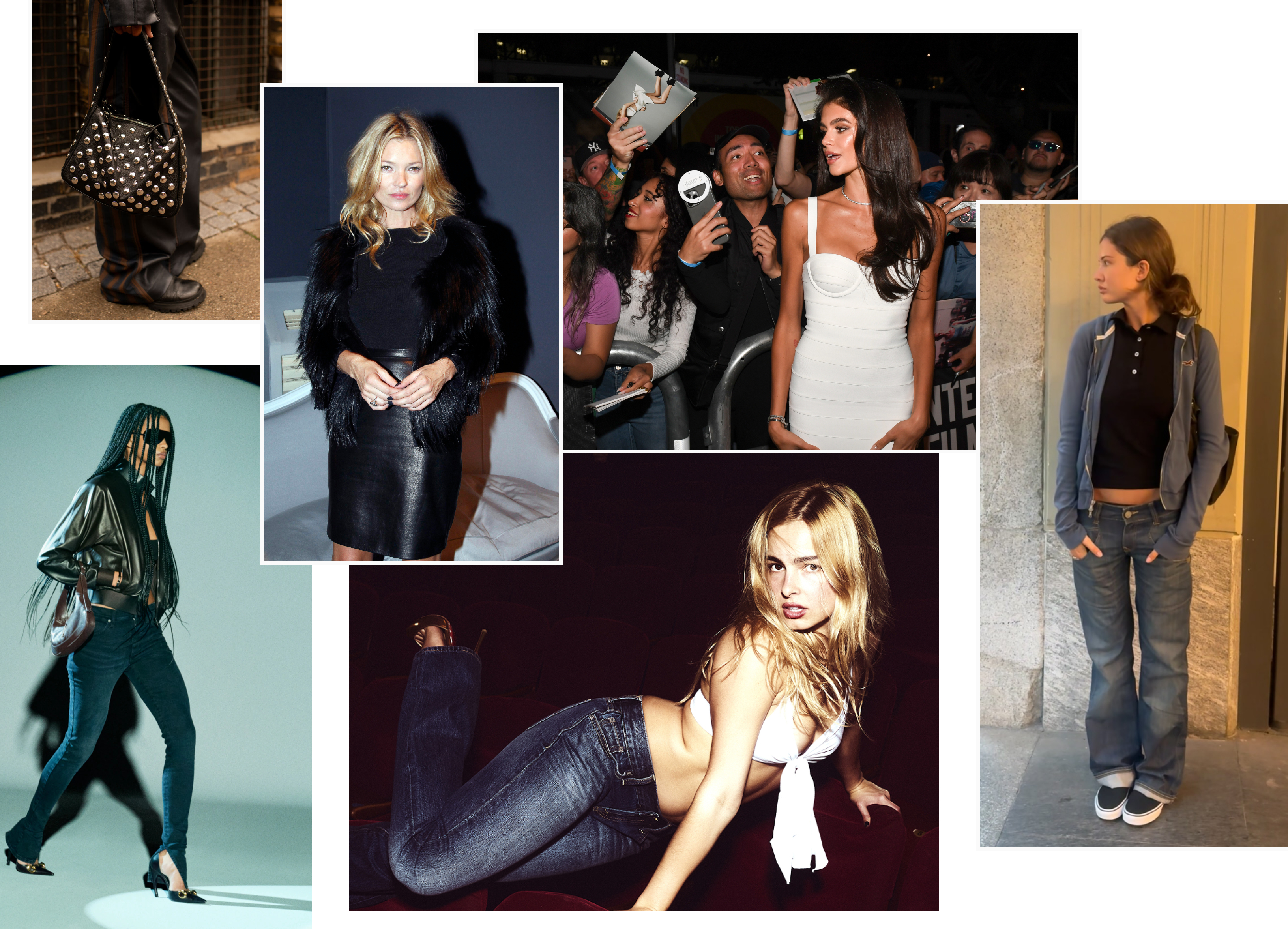 an image collage of the 2010s revival gen z trend, including Kaia Gerber, Addison Rae, Kate Moss, Ruby Lyn