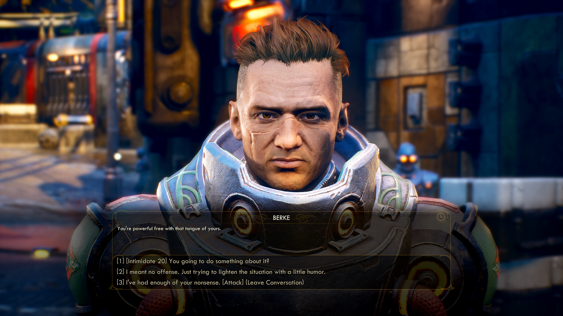 A screenshot of dialogue choices during an NPC interaction in the RPG The Outer Worlds.