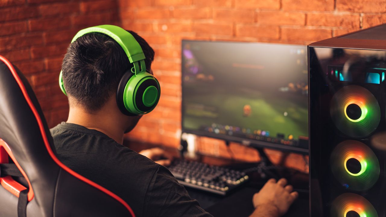 Man playing a video game on his computer.