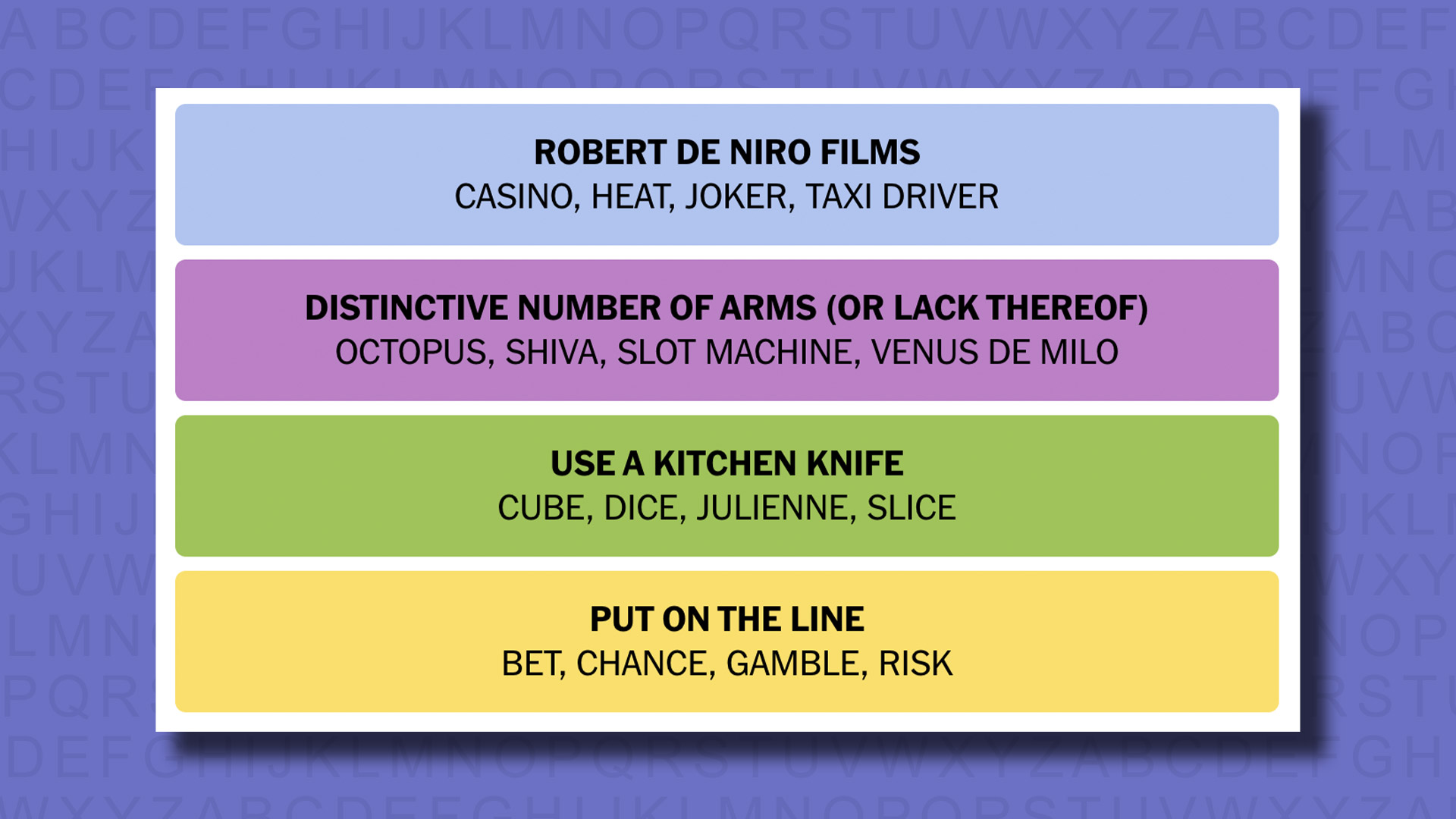 NYT Connections answers for game 479 on a purple background