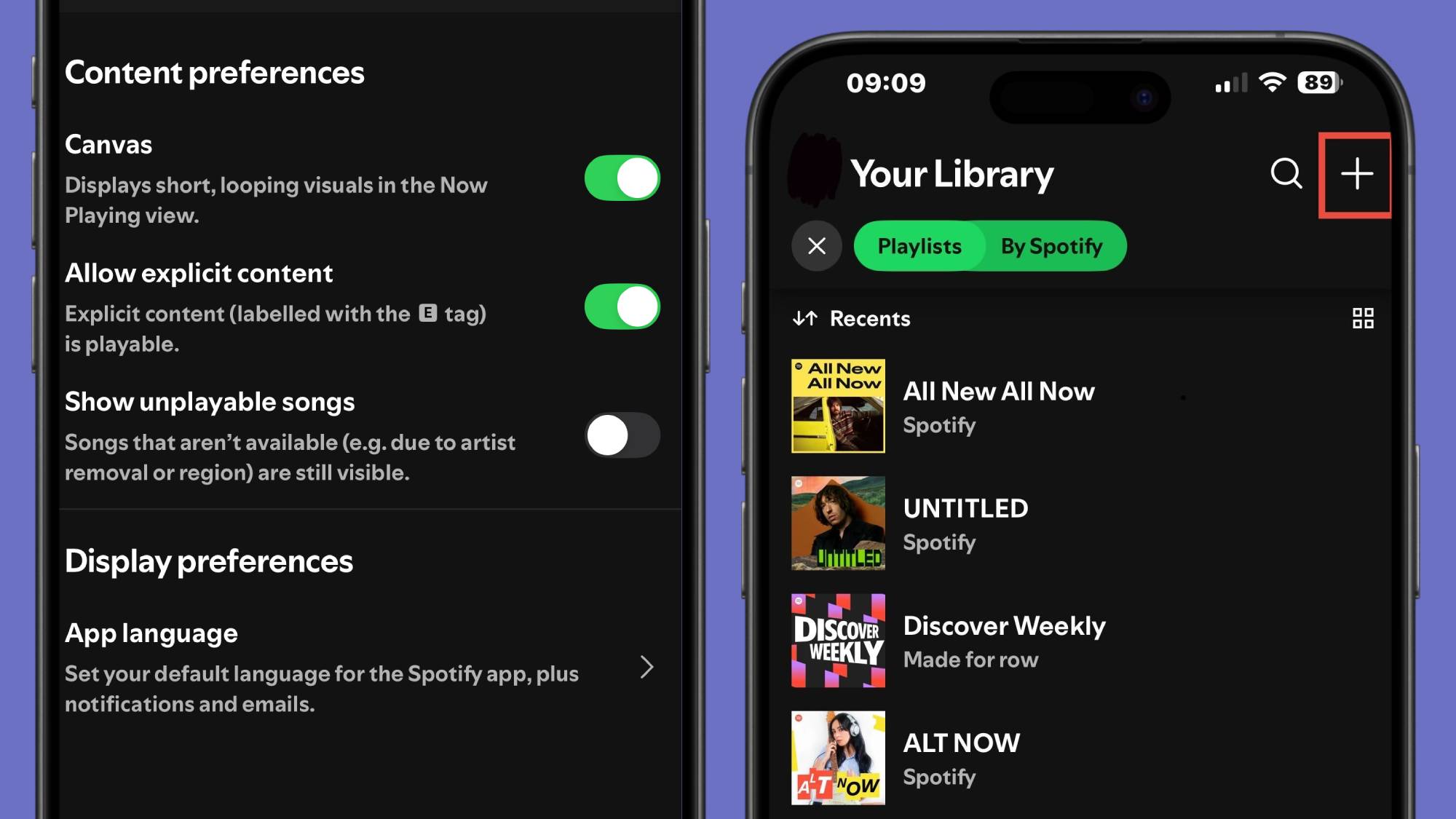 Screenshots of the Spotify library and settings page