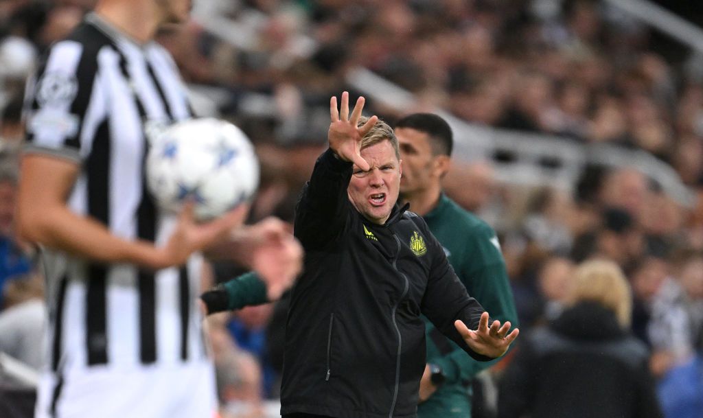 Newcastle head coach Eddie Howe reacts on the sidelines during the UEFA Champions League match between Newcastle United FC and Paris Saint-Germain at St. James Park on October 04, 2023 in Newcastle upon Tyne, England