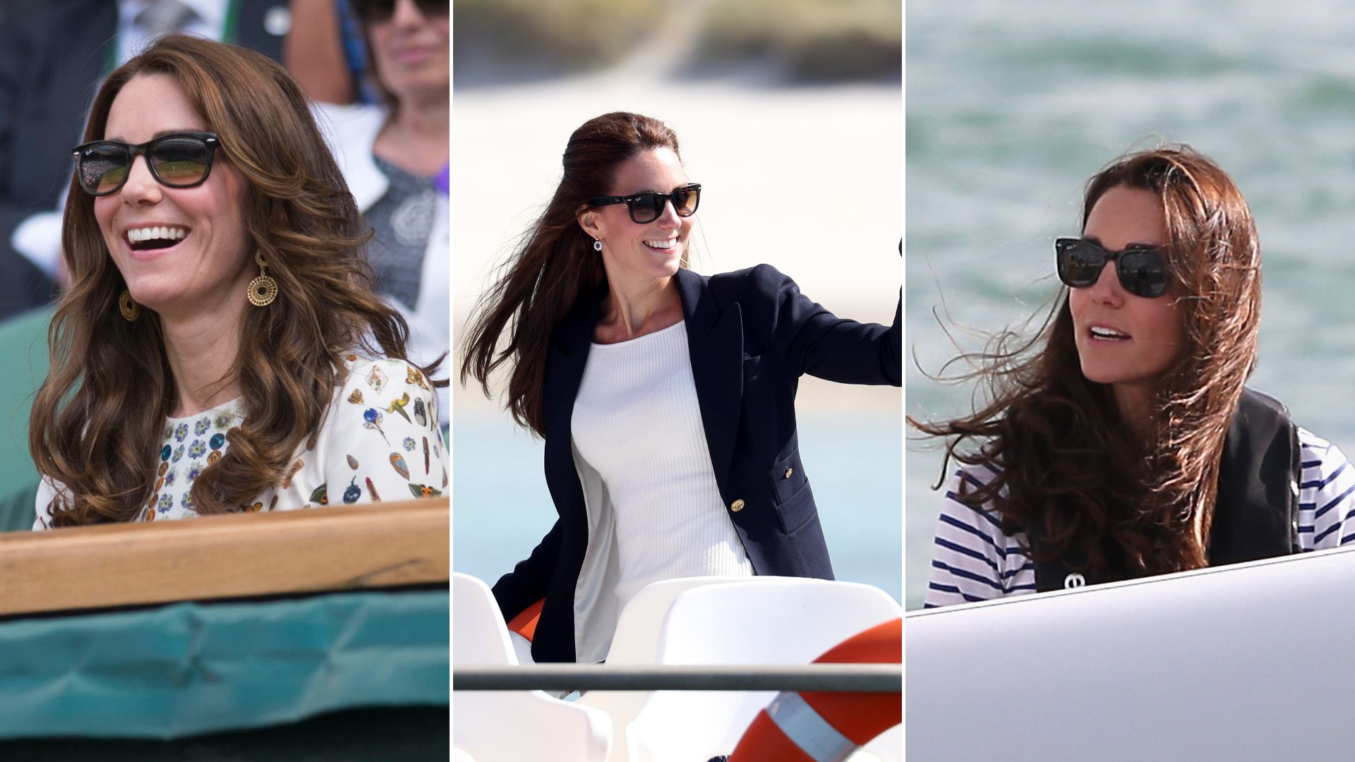 Three images of the Princess of Wales wearing Ray-Ban sunglasses