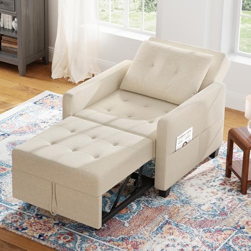 Vesgantti 3 in 1 Sofa Bed Beige, Convertible Sleeper Chair With Adjustable Backrest, Fabric Single Sofa Bed Chair With Side Pockets, Foldable Pull Out Bed for Living Room