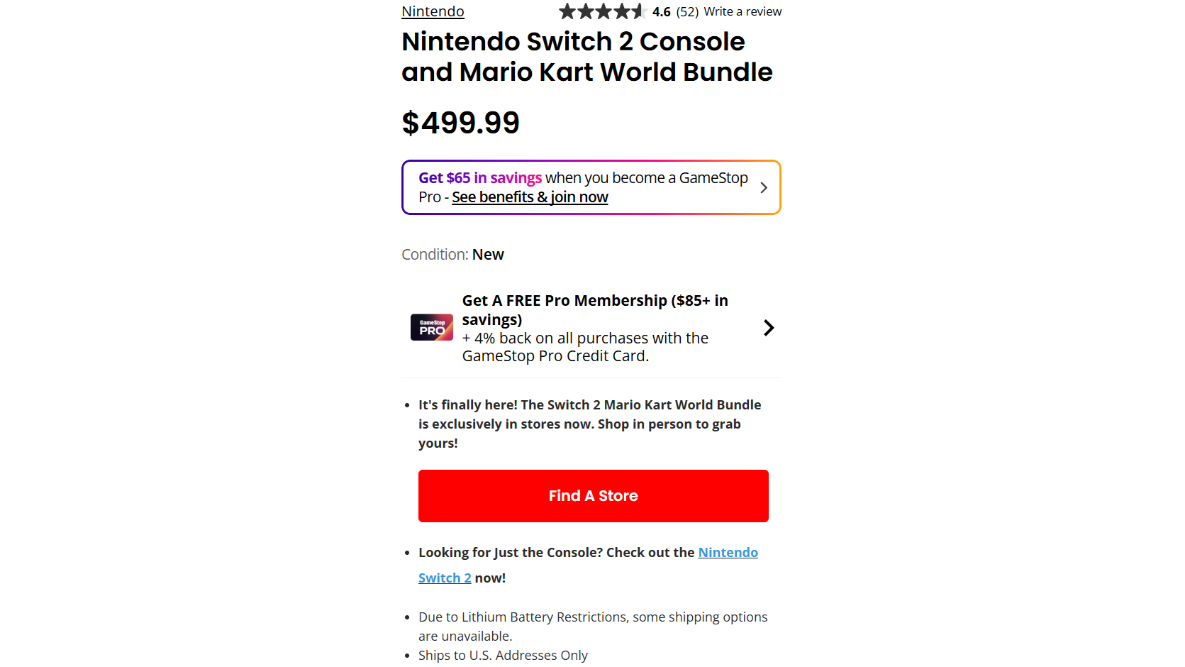 GameStop Switch 2 stock