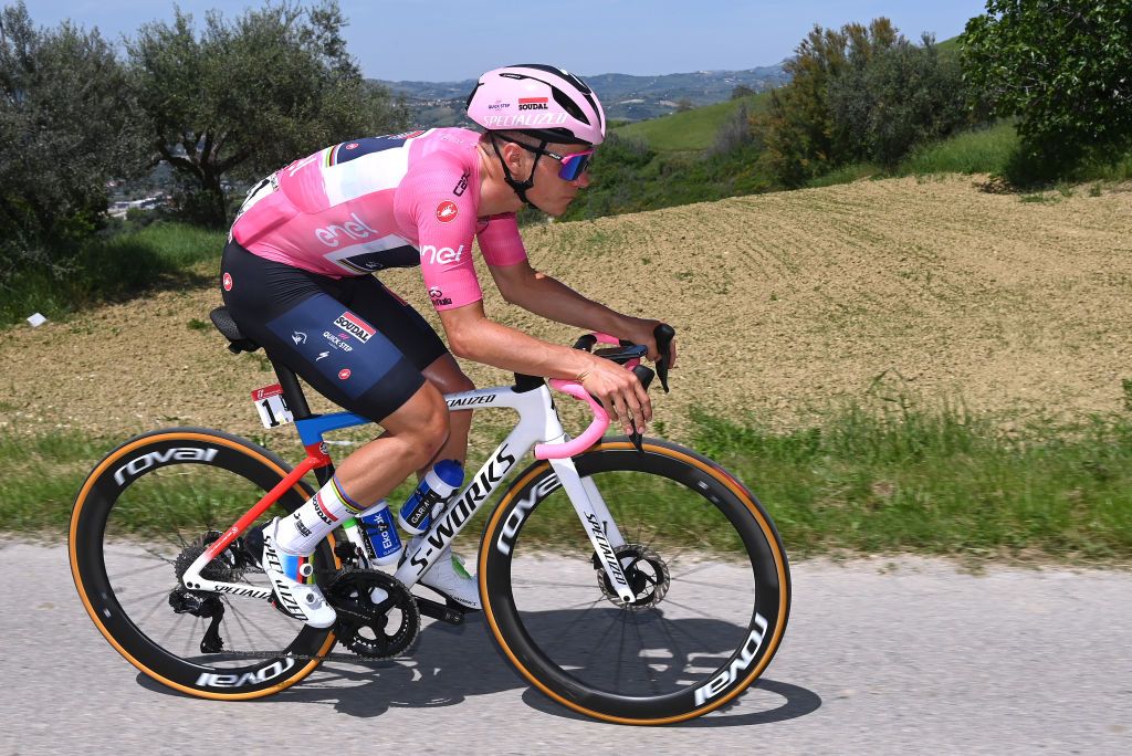 SAN SALVO ITALY MAY 07 Remco Evenepoel of Belgium and Team Soudal Quick Step Pink Leader Jersey competes during the 106th Giro dItalia 2023 Stage 2 a 202km stage from Teramo to San Salvo UCIWT on May 07 2023 in San Salvo Italy Photo by Tim de WaeleGetty Images