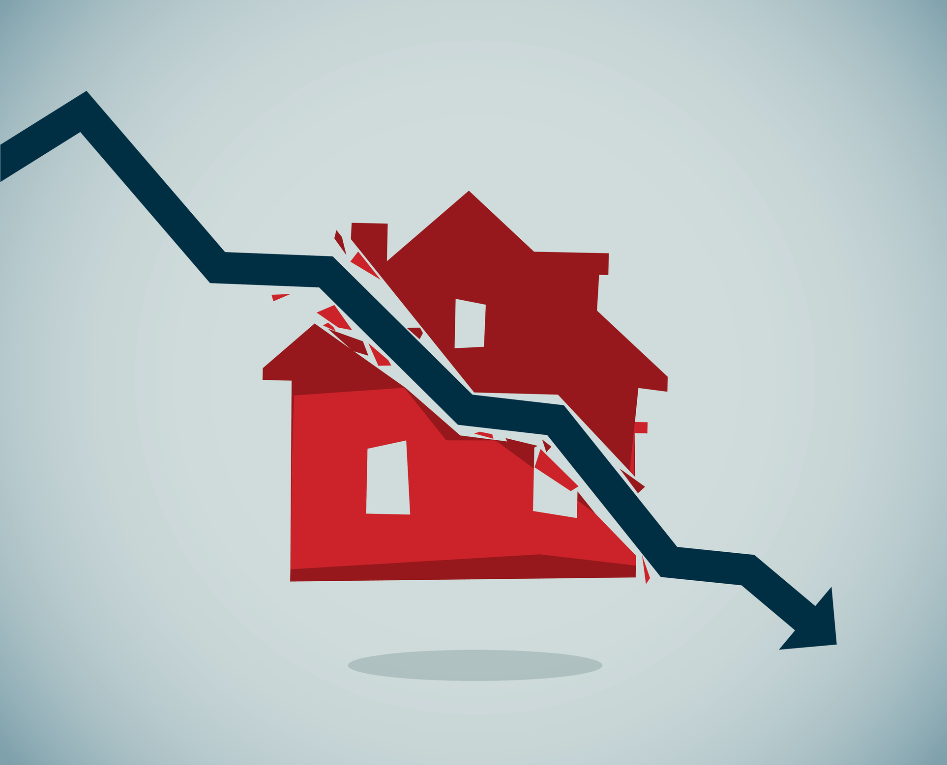 red house getting struck by a blue downward arrow running through it