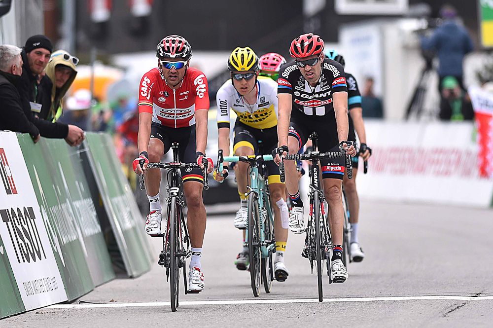 Riders cross the line in Morgins after stage 2 at Tour de Romandie