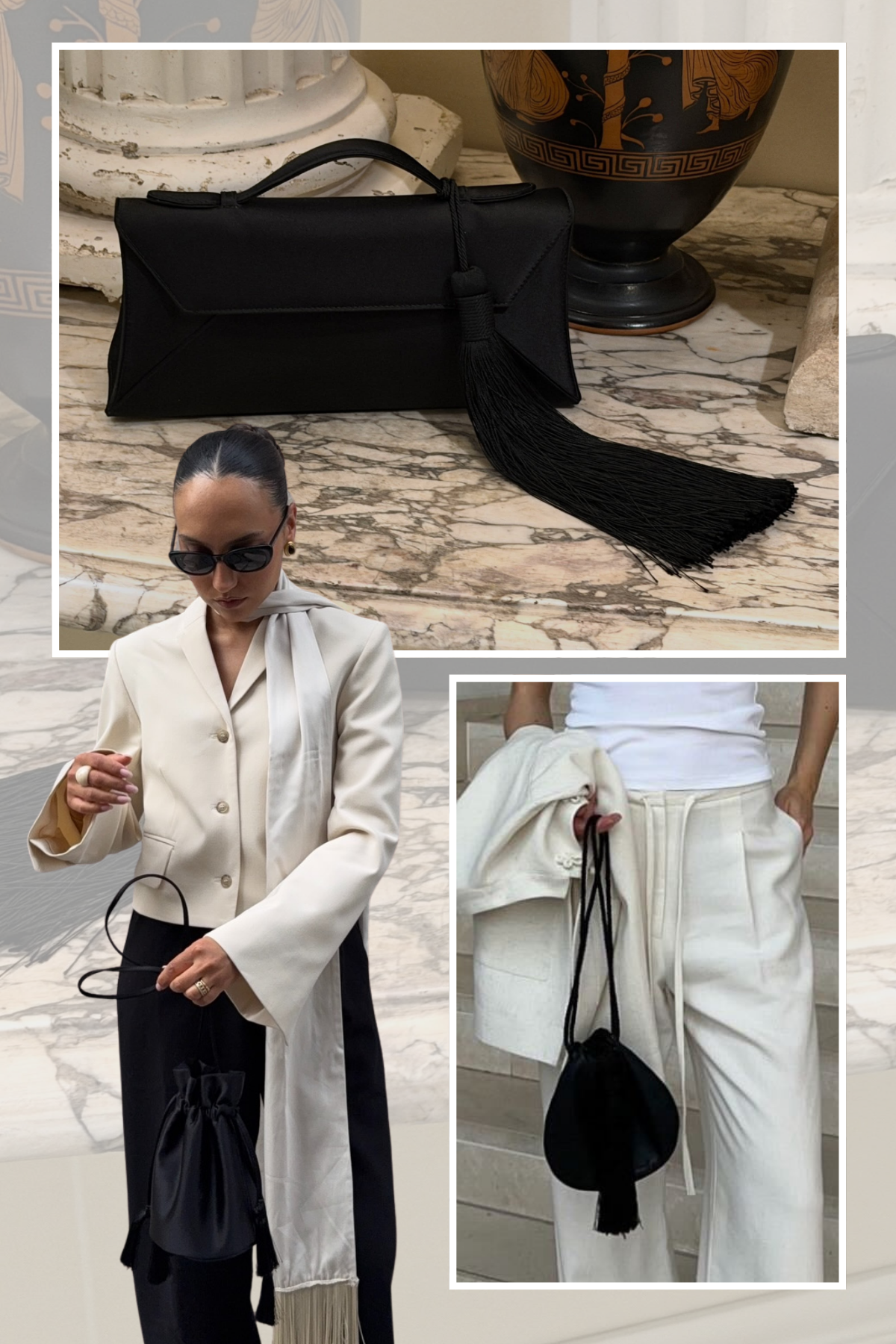 A selection of stylish fashion people carrying glossy tassel-decorated bags