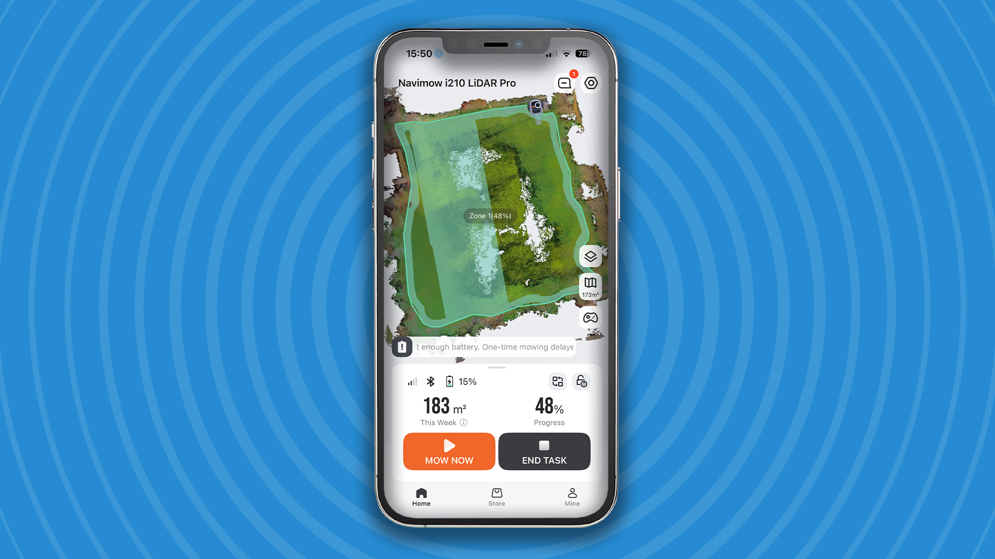 Segway Navimow i210E LiDAR Pro mobile app showing cutting center