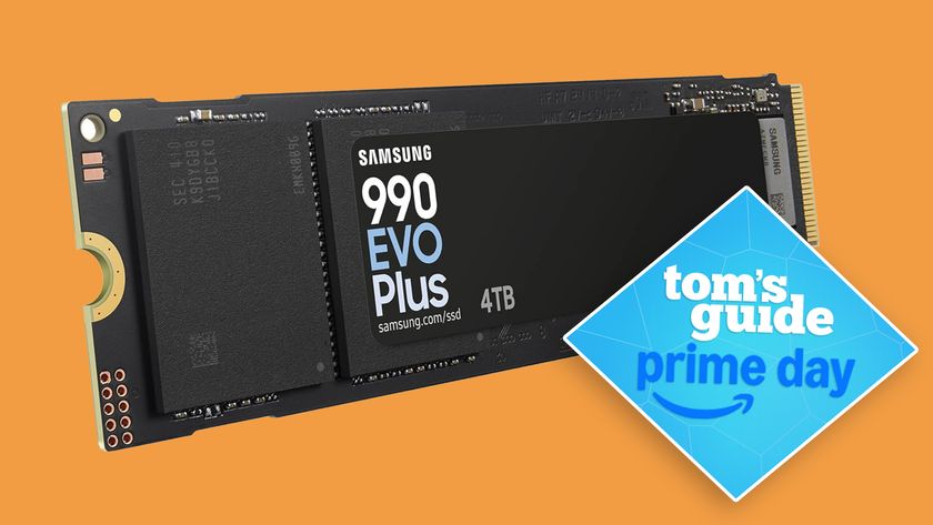 A Samsung 990 EVO Plus SSD on an orange background with a Tom&#039;s Guide Prime Day badge in the lower right of the image.