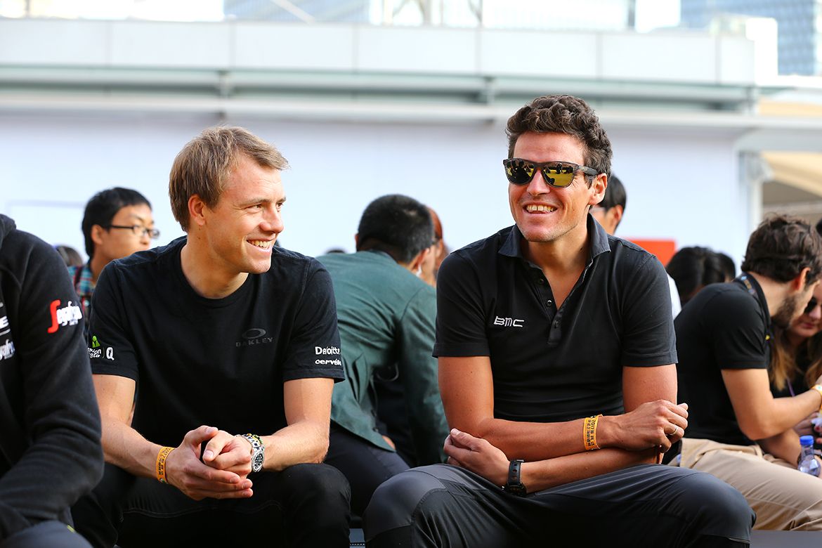 Edvald Boasson Hagen and Greg Van Avermaet share a laugh