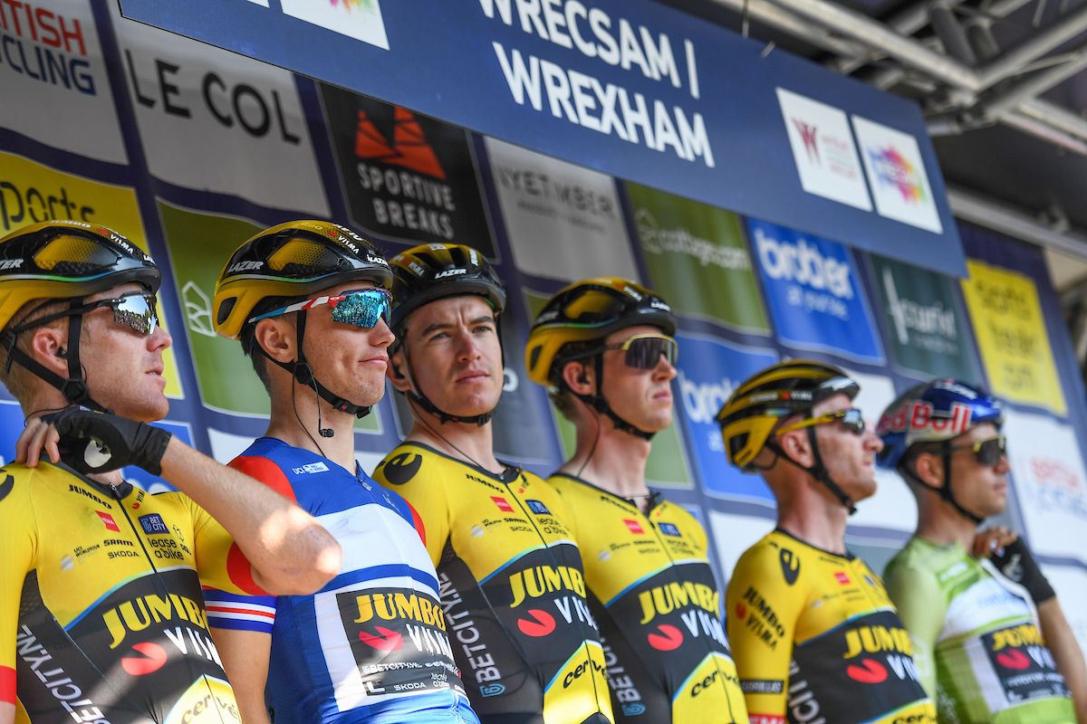 Picture by Simon Wilkinson/SWpix.com - 03/09/2023 - Cycling - 2023 Tour of Britain - Stage 2: Wrexham to Wrexham (109.9km) - Wout van Aert, Edoardo Affini, Steven Kruijswijk, Olav Kooij, Jos van Emden, Nathan van Hooydonck of Team Jumbo Visma before the start of Stage 2 of the 2023 Tour of Britain in Wrexham