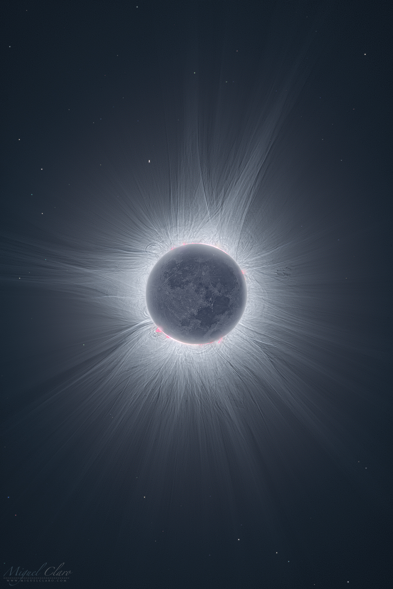 a dimly shadowed moon blocks the sun as eruptions of light stretch from the starry body behind the Earth satellite.