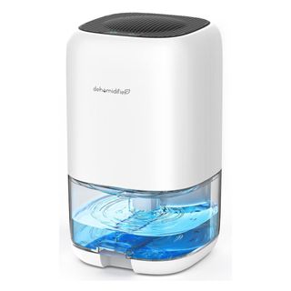 Small white dehumidifier with see through water reservoir at the bottom