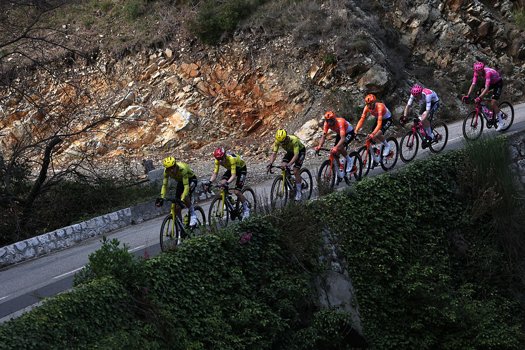Team Visma - Lease a Bike's Danish rider Jonas Vingegaard (2nd L) rides with the pack during the 8th and final stage of the Paris-Nice cycling race, 129.2 km between Nice and Nice, on March 15, 2026. (Photo by Anne-Christine POUJOULAT / AFP)