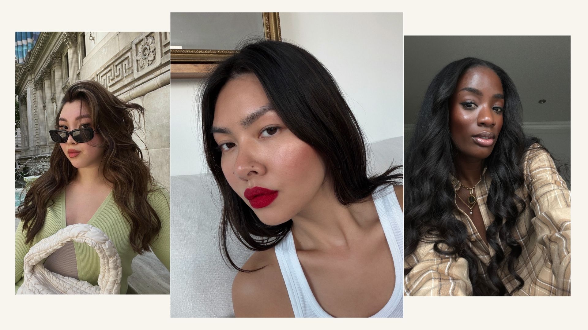 A mixture of beauty imagery showcasing long-lasting lipsticks, courtesy of @deniseprimbet; @mimixn; @_livmadeline