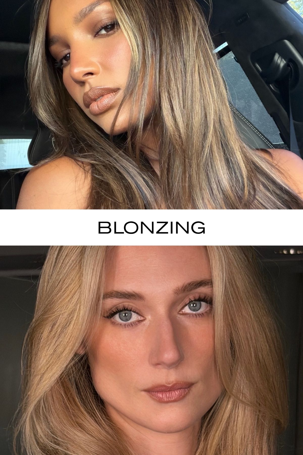 A picture of Elizabeth Debicki and Jasmine Tookes wearing bronzed makeup with the text "blonzing" over the top