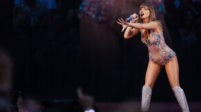 - American singer and songwriter Taylor Swift performs on stage as part of her Eras Tour in Lisbon on May 24, 2024.