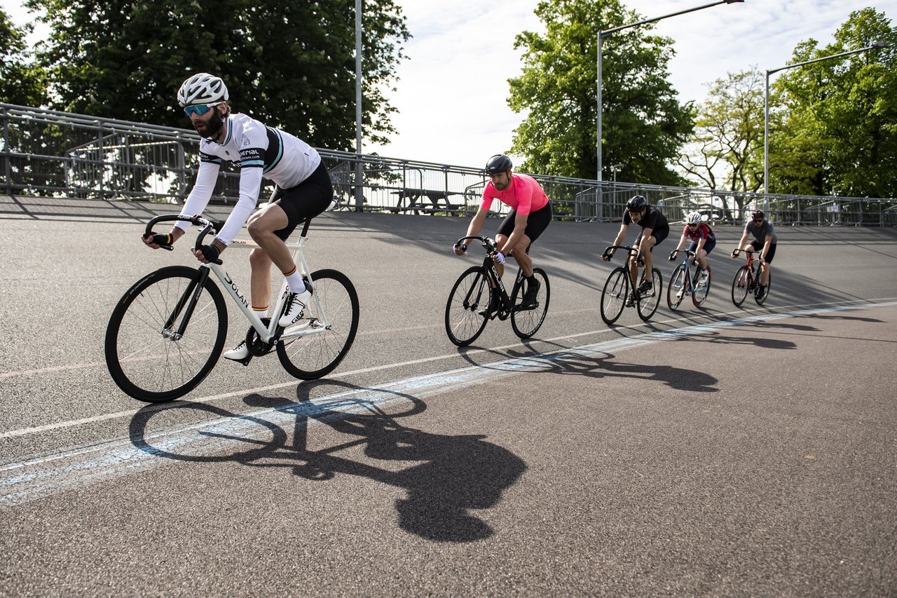 Five riders at herne hill velodrome