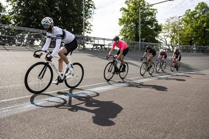 Five riders at herne hill velodrome