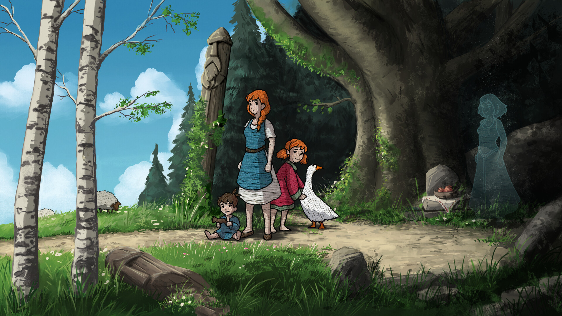 The protagonist of Scarlet Deer Inn, Elise, stands with her children and a goose in a forest. A ghost hovers to the right of the image.