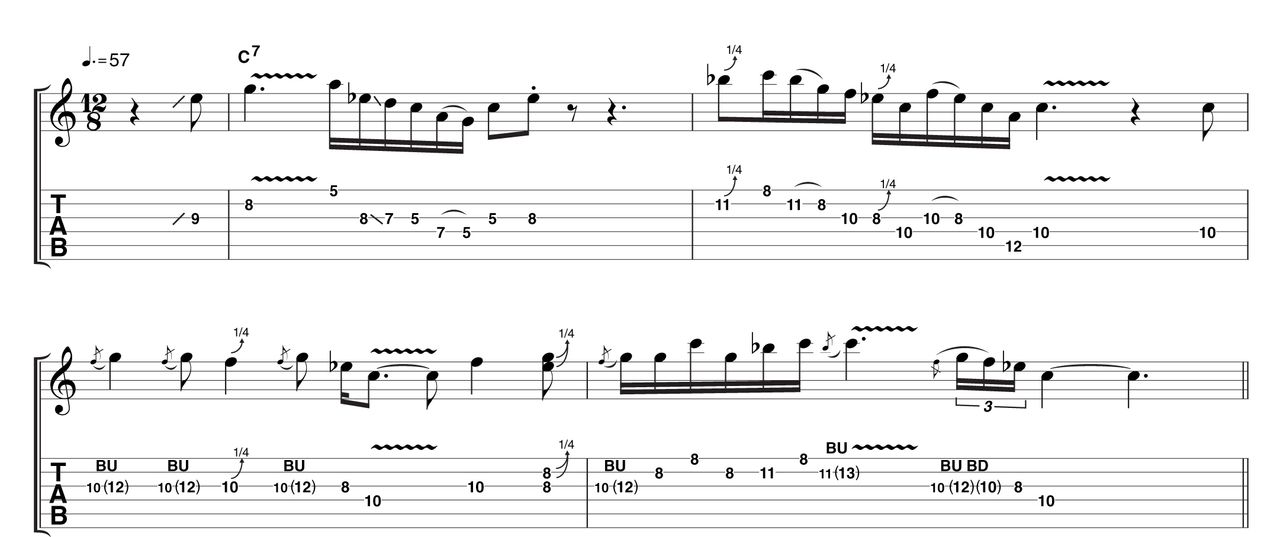 This busy phrase features all the important elements. Short snappy notes appear alongside flowing pentatonic lines, intense vibrato and all manner of string bending. As if this weren't enough, there are triplets, doublestops and dotted 'swing' rhythms