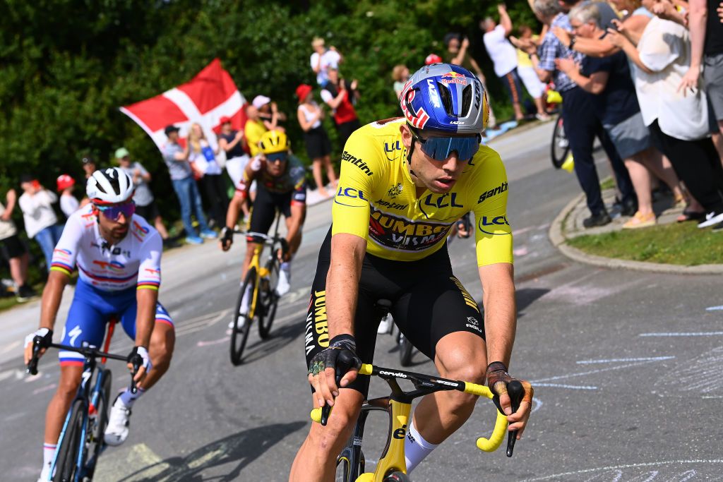 SONDERBORG DENMARK JULY 03 Wout Van Aert of Belgium and Team Jumbo Visma Yellow Leader Jersey competes during the 109th Tour de France 2022 Stage 3 a 182km stage from Vejle to Snderborg TDF2022 WorldTour on July 03 2022 in Sonderborg Denmark Photo by Tim de WaeleGetty Images