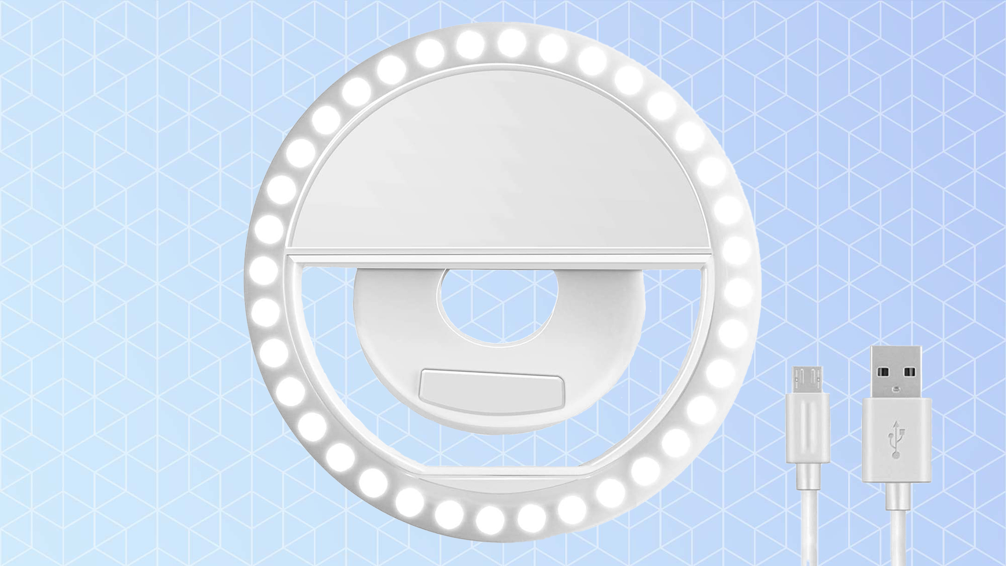 The XINBAOHONG Rechargeable Portable Clip-on Selfie Ring Light on a blue background