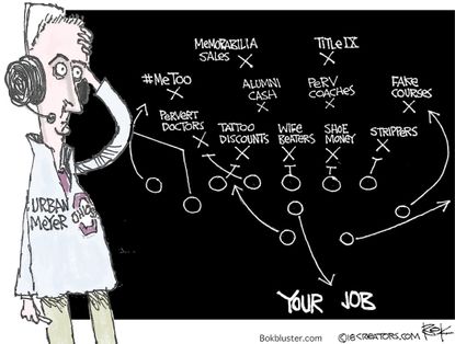 Editorial cartoon U.S. Urban Meyer football Ohio State University domestic violence Title IX