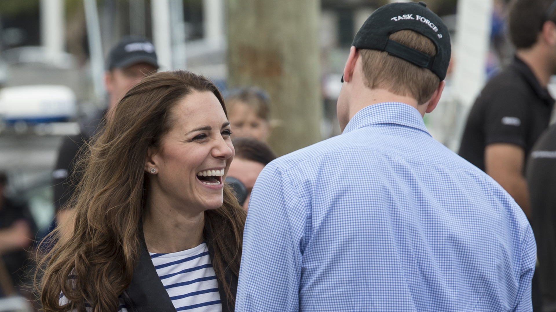 Kate Middleton and Prince William joke together after sailing during their visit to Auckland Harbour on April 11, 2014 in Auckland, New Zealand