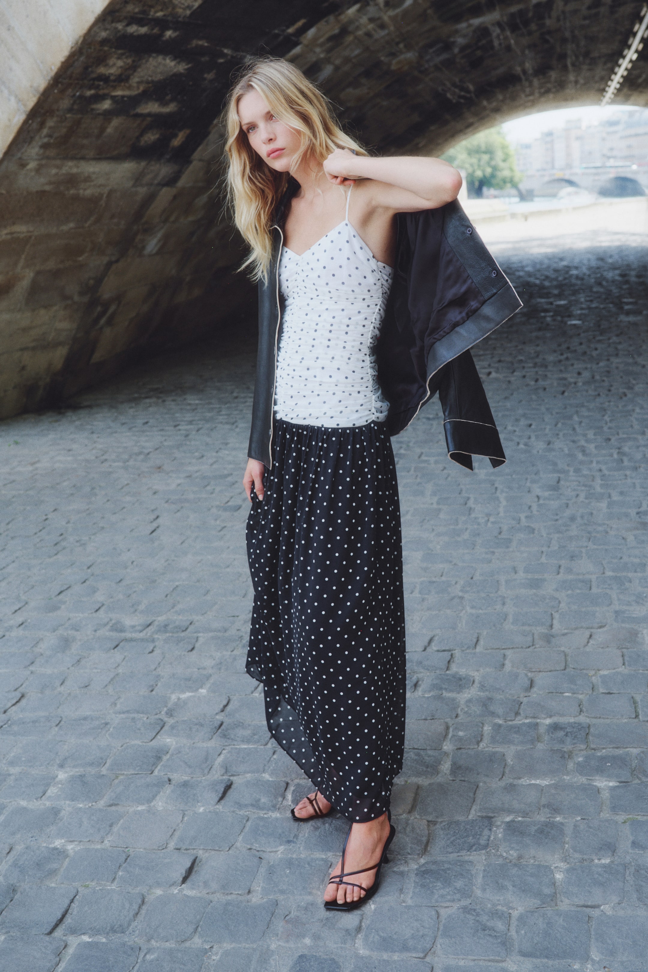 Gathered Strappy Dress - Black/spotted