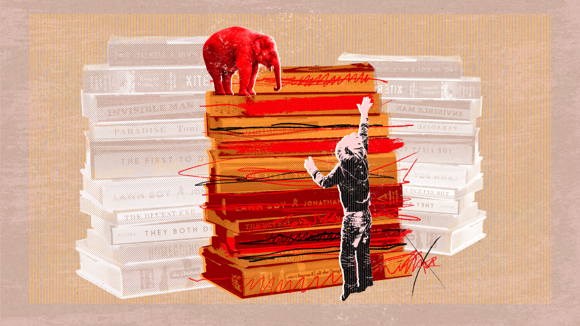 Art illustration featuring stacks of books, a red elephant, and a child reaching toward scratched-out titles on book spines