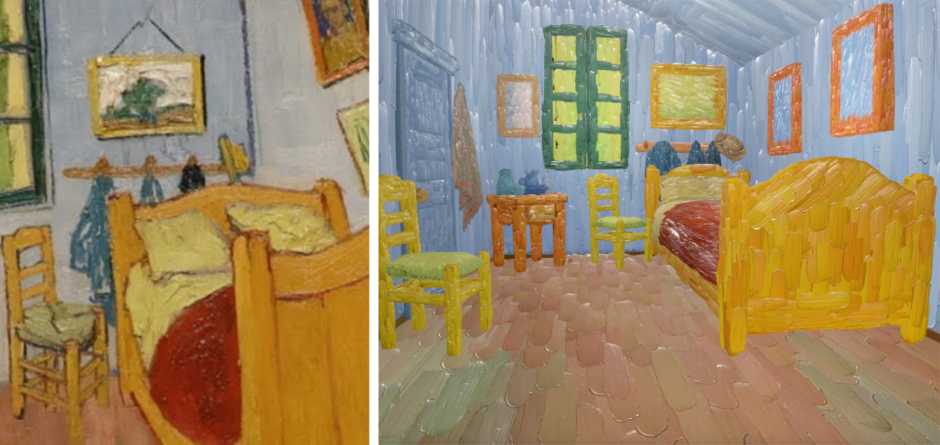 Screens and art from a game set inside Van Gogh paintings