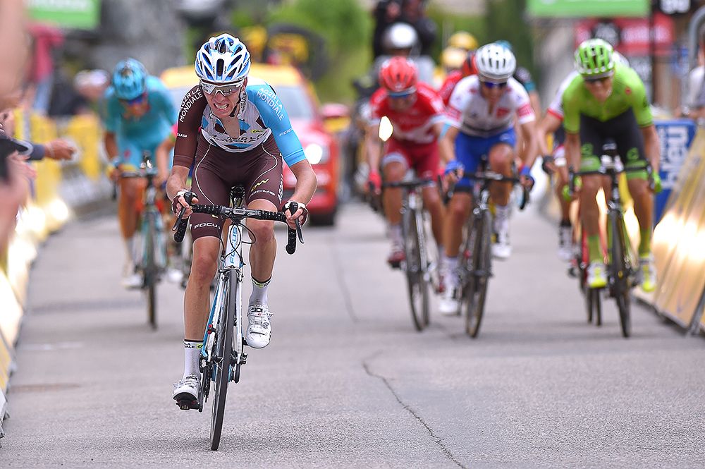 Romain Bardet sprints for the finish at the end of stage 5 at the Criterium du Dauphine