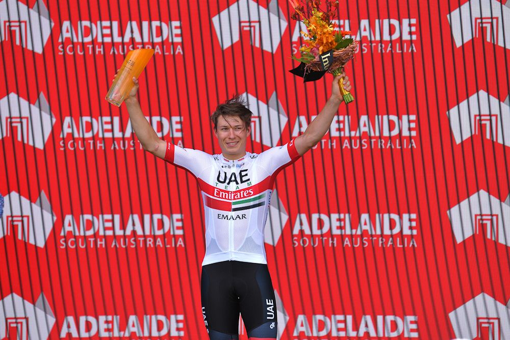 Jasper Philpsen on the podium after being declared winner of stage 5 at the Tour Down under