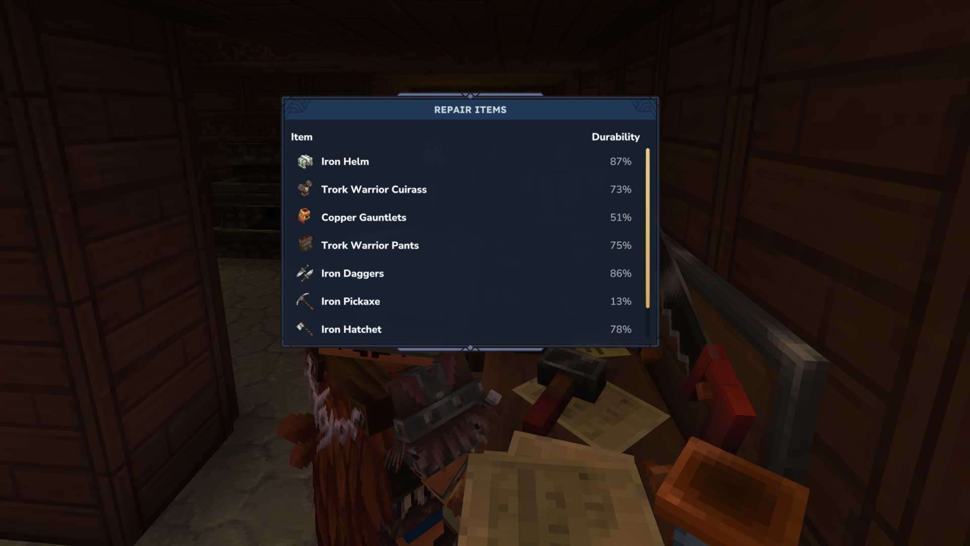 The Hytale "Repair Items" menu with items of various durability percentages to select from. 