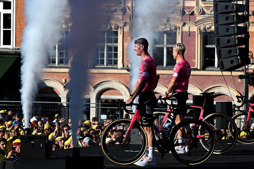LILLE, FRANCE - JULY 03: Harry Sweeny of Australia and Team EF Education - EasyPost during the team presentation prior to the 112th Tour de France 2025 / #UCIWT / on July 03, 2025 in Lille, France. (Photo by Tim de Waele/Getty Images)