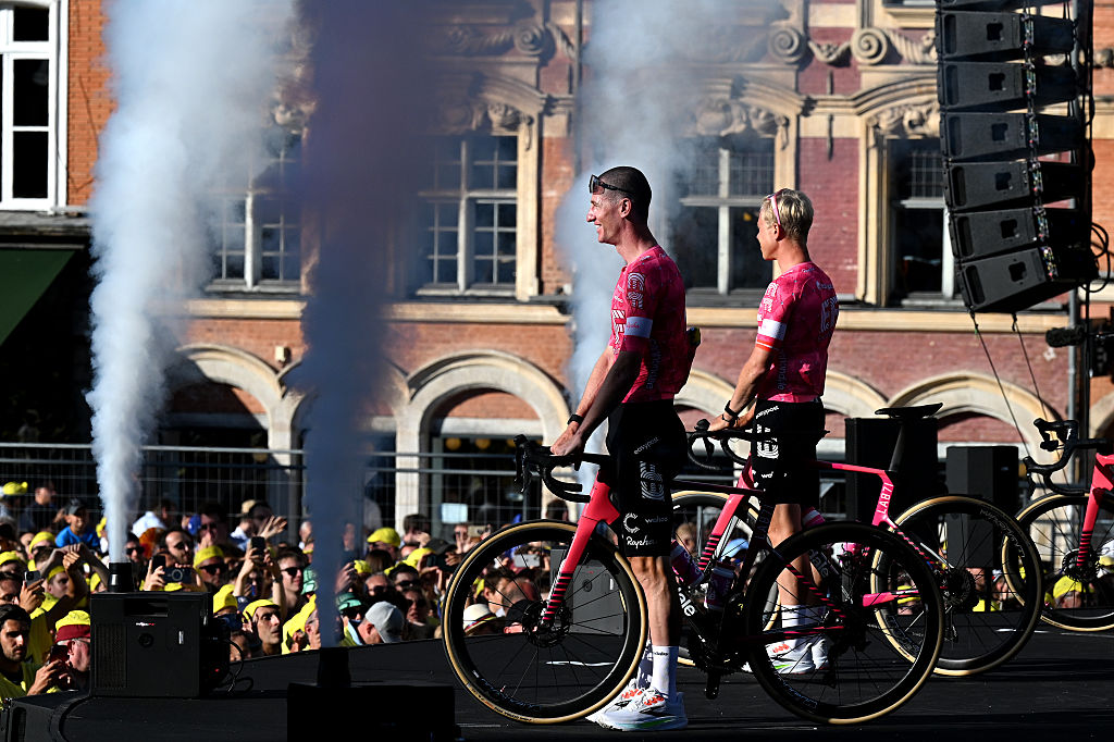 LILLE, FRANCE - JULY 03: Harry Sweeny of Australia and Team EF Education - EasyPost during the team presentation prior to the 112th Tour de France 2025 / #UCIWT / on July 03, 2025 in Lille, France. (Photo by Tim de Waele/Getty Images)